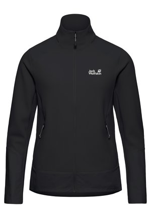 Veste noire à col montant, avec un tissu texturé et des accents lisses, fermeture zippée intégrale, et poches latérales. Logo sur la poitrine.