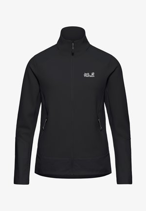 Veste noire à col montant, avec un tissu texturé et des accents lisses, fermeture zippée intégrale, et poches latérales. Logo sur la poitrine.