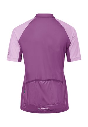 Lila und hellrosa kurzärmeliges Radtrikot mit drei Rückentaschen und Vaude-Logo im unteren Rückenbereich.