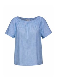 Jasnoniebieska bluzka z krótkim rękawem, z okrągłym elastycznym dekoltem i teksturowanym materiałem. Prosty dół z małym logo na dole.