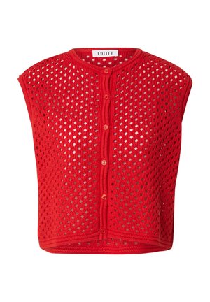Cardigan tricoté rouge à manches courtes avec un design texturé en ouvertures et un col rond. Doté d'une fermeture à boutons sur le devant et d'un ourlet arrondi.