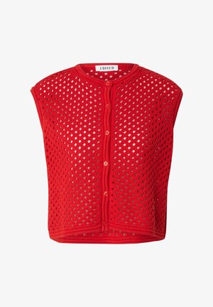 Cardigan tricoté rouge à manches courtes avec un design texturé en ouvertures et un col rond. Doté d'une fermeture à boutons sur le devant et d'un ourlet arrondi.