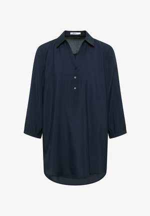 Camicia blu scuro con colletto, maniche a tre quarti e patta dei bottoni. Tessuto morbido con una vestibilità ampia e rilassata.