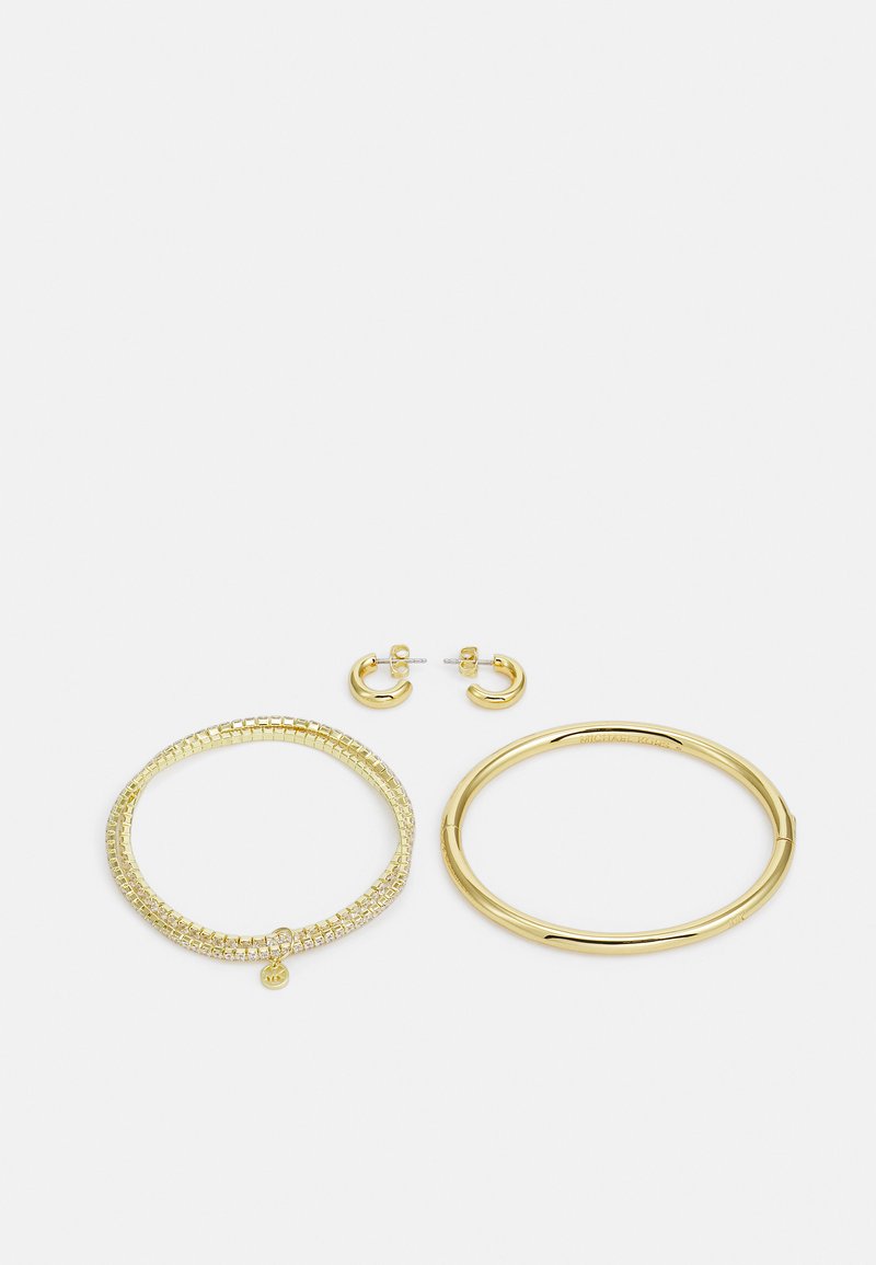 Gold-tone jewelry set includes two bangles: one with a textured pattern and crystals, and another smooth. Also features small hoop earrings.