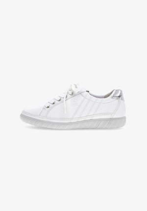 White sneaker with a smooth leather upper, lace-up design, silver accents on the heel, and a textured rubber sole.