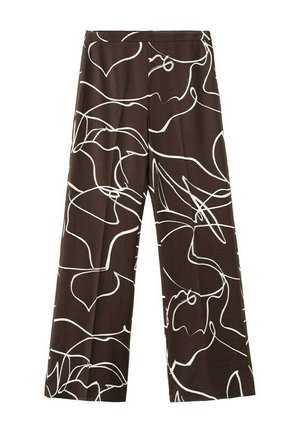 Pantalones marrones de pierna ancha con cintura alta y patrón floral abstracto de línea blanca continua.