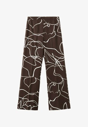 Pantaloni maro cu picioare evazate, talie înaltă și model floral abstract format dintr-o linie albă continuă.