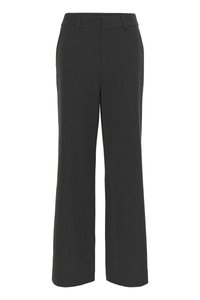 Donkergrijze wijde broek gemaakt van een gestructureerde stof, met een platte voorkant, riemlussen en een schone zoom, geschikt voor formele of casual kleding.