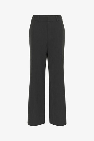 Pantaloni a gamba larga grigio scuro realizzati in tessuto testurizzato, con un fronte piatto, passanti per la cintura e orlo pulito, adatti per un abbigliamento formale o casual.