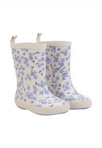 Bottes de pluie en caoutchouc blanches avec un motif floral bleu, des accents violets, une semelle texturée et des bords supérieurs renforcés avec des poignées de traction.