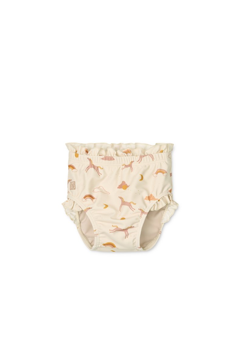 Μπεζ πάνα κολύμβησης με φούσκες στις άκρες, διακοσμημένη με μοτίβο τρεχούμενων σκύλων, σύννεφων και ουρές σε ήπιους χρωματισμούς. Μαλακό και ελαστικό ύφασμα.