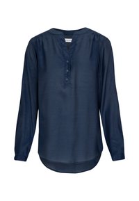 Maglietta a maniche lunghe blu navy con scollatura a V, patta con quattro bottoni, tessuto morbido e orlo curvo, con una sottile arricciatura sulle spalle.