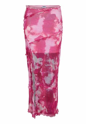 Ružová a biela priehľadná midi sukňa tie-dye s volánikmi na okrajoch a vrstveným asymetrickým dizajnom.