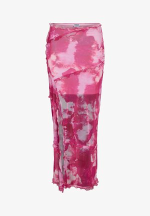 Lyserød og hvid tie-dye gennemsigtig midi nederdel med flæsekant og lagdelt asymmetrisk design.