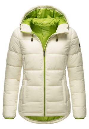 Padded jacket in cream with a green interior. Features a hood, front zipper, and two side pockets. Textured, quilted design with drawstrings.