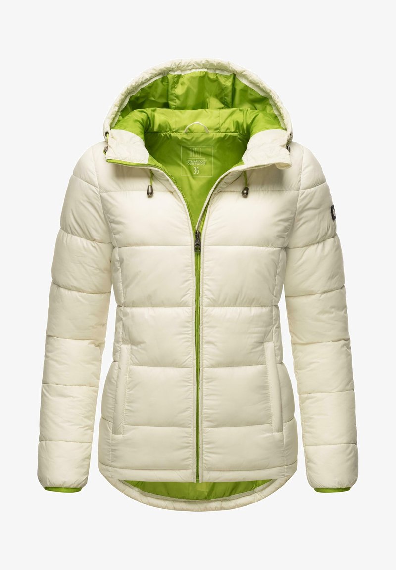 Vadderad jacka i krämfärg med grön insida. Har huva, framzipper och två sidofickor. Texturerad, kviltad design med dragsnören.