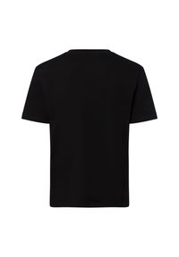 Schwarzes Kurzarm-T-Shirt, Rundhalsausschnitt, glatte Textur, keine sichtbaren Grafiken oder Verzierungen, schlichtes Design, das sich gut für legere Kleidung eignet.