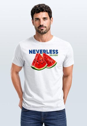 Man with short curly hair and beard wearing white T-shirt with watermelon slices and text "NEVERLESS DELIVERY" on front.