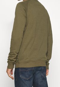 Felpa verde oliva con colletto rotondo, polsini e orlo a coste. Indossata sopra jeans blu scuro, con dettagli di cucitura visibili. Materiale morbido e testurizzato.