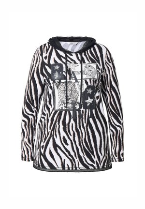Langarmtrui met capuchon in zwart-witte zebraprints, met grafische prints van dieren en sterren op de voorkant.