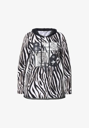 Felpa con cappuccio a maniche lunghe con strisce zebrate in bianco e nero, caratterizzata da stampe grafiche di animali e stelle sulla parte anteriore.