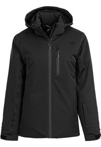 Black waterproof jacket with a hood, zip pockets, and a sleek design. Made of durable fabric, features an adjustable cuffs and clean lines.