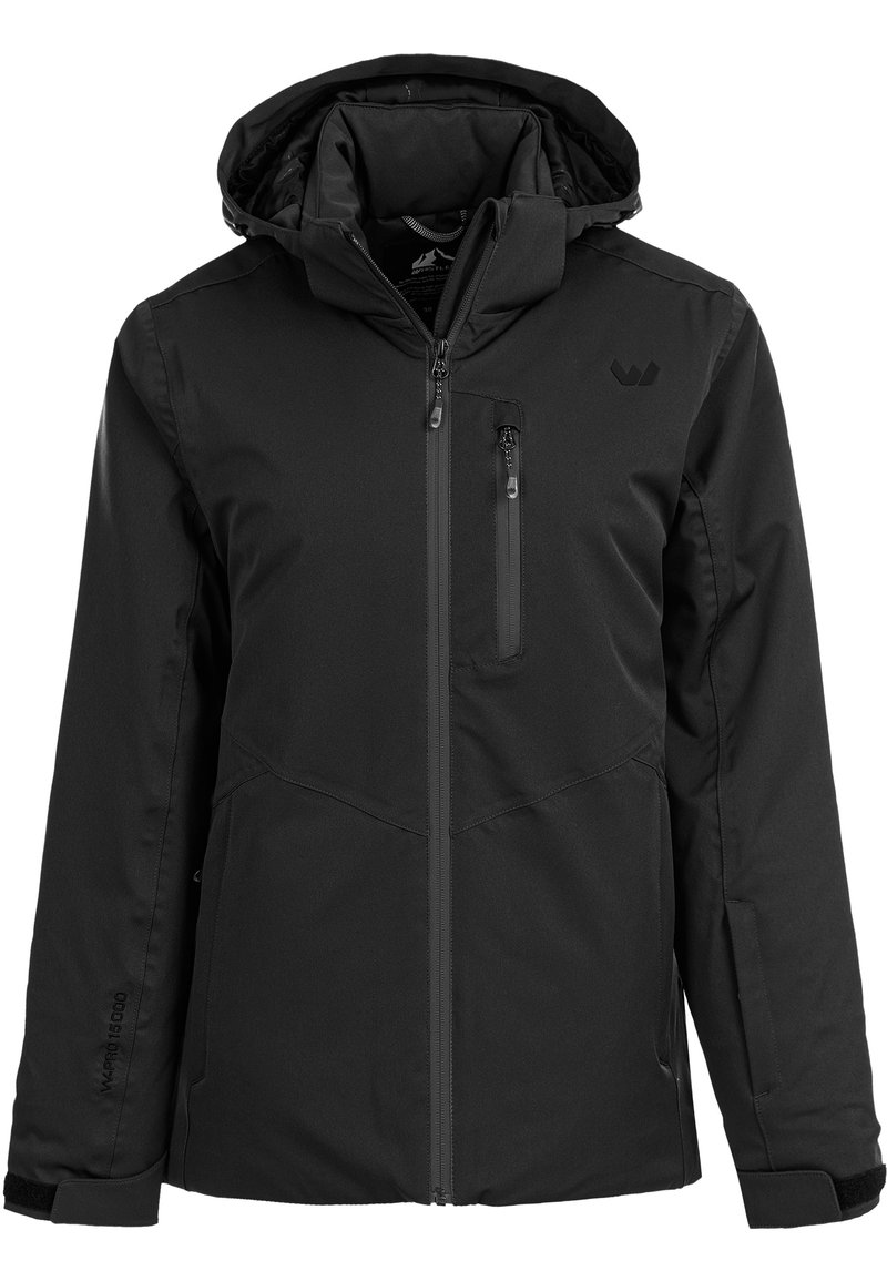 Black waterproof jacket with a hood, zip pockets, and a sleek design. Made of durable fabric, features an adjustable cuffs and clean lines.