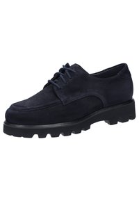 Navy blue suede lace-up shoe with a thick black rubber sole, featuring a rounded toe and subtle stitching detail along the upper.