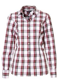 Camicia a maniche lunghe a quadri rossi, neri e bianchi, con colletto button-down e bottoni bianchi, realizzata in un morbido tessuto di cotone.