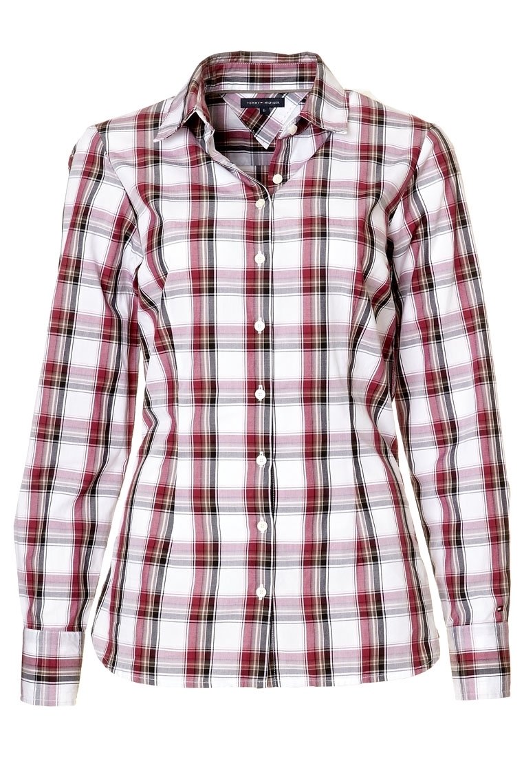 Camicia a maniche lunghe a quadri rossi, neri e bianchi, con colletto button-down e bottoni bianchi, realizzata in un morbido tessuto di cotone.