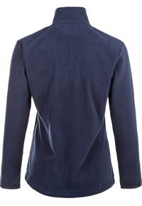 Veste en polaire marine avec un col haut, des manches longues et une texture lisse. Présente un design simple et un ourlet droit en bas.