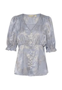 Blusa azzurra chiara in tessuto seta con motivo metallico oro. Presenta maniche a sbuffo corte, scollo a V e chiusura frontale con bottoni.