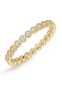 Zlata zapestnica z neprekinjenim vzorcem kroglih, prozornih kristalov med gladkimi, zaobljenimi povezavami. Poliran zaključek, lahka konstrukcija.