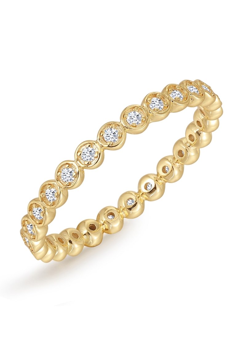 Zlata zapestnica z neprekinjenim vzorcem kroglih, prozornih kristalov med gladkimi, zaobljenimi povezavami. Poliran zaključek, lahka konstrukcija.