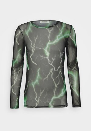 Haut long à manches longues en tissu noir transparent avec un motif d'éclairs verts et blancs, col rond et silhouette ajustée.