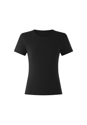 Schwarzes Kurzarm-T-Shirt aus einem glatten Baumwollmix, mit Rundhalsausschnitt und figurbetonter Silhouette. Keine sichtbaren Muster oder Akzente.