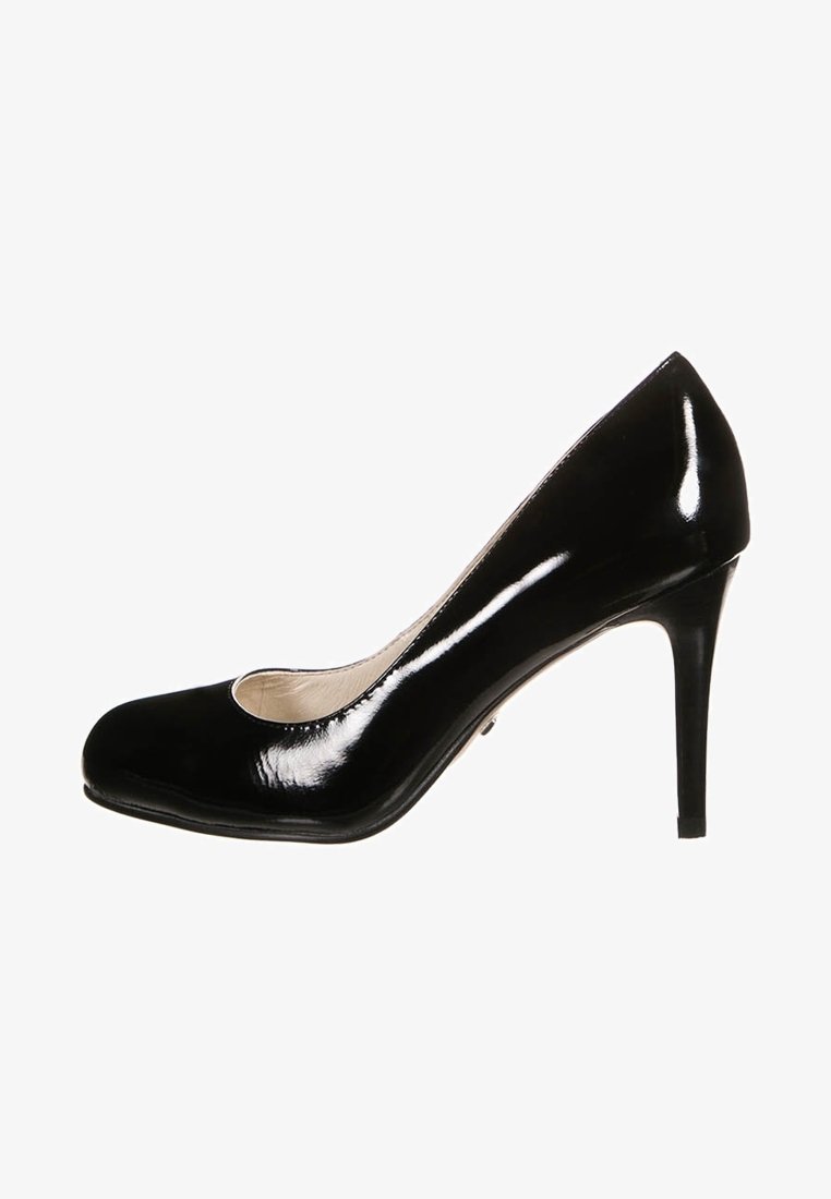Escarpin à talon haut en cuir verni noir avec un bout arrondi et une finition élégante et brillante. Il présente un talon aiguille de 10 cm et un décolleté bas.