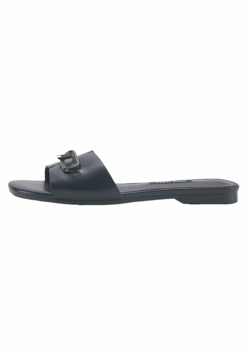 Black leather slide sandal featuring a wide strap with a rectangular buckle accent, flat sole, and minimalist design.