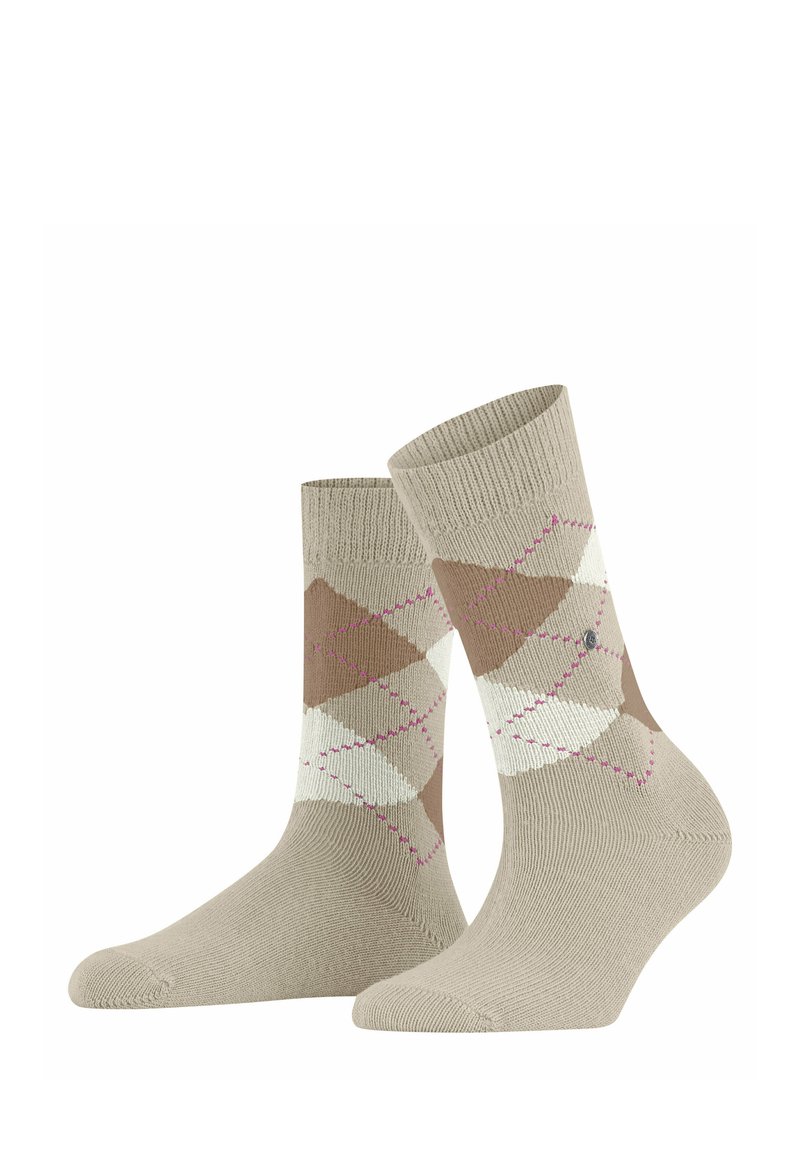 Chaussettes beige avec un motif argyle en marron, blanc et rose. Poignet côtelé, pointe et talon renforcés. Matière en tricot douce.