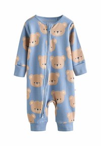 Body azzurro chiaro con un motivo di orsetti sorridenti, con maniche lunghe e una cerniera frontale. Ideale per neonati o bambini piccoli.