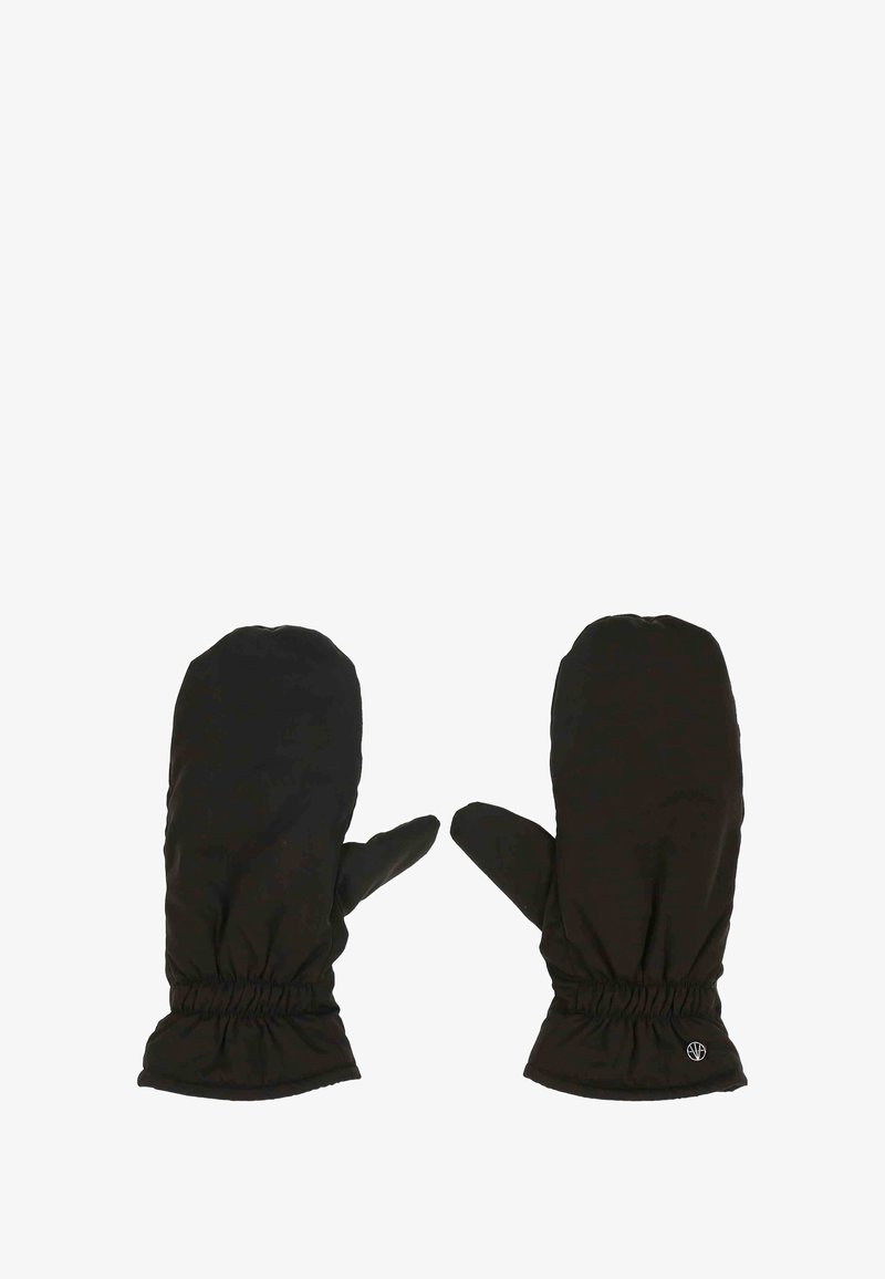 Schwarze Handschuhe aus einem gesteppten Material, mit elastischen Bündchen und einem kleinen Logo im Handgelenkbereich. Glatte Textur mit abgerundeten Fingerspitzen.