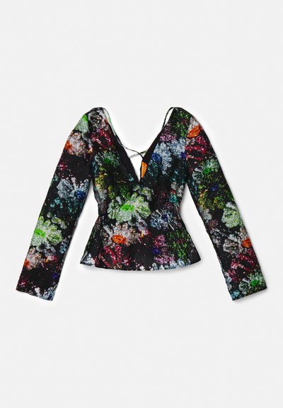 Μακρυμάνικη μπλούζα με ζωντανό λουλουδάτο σχέδιο σε μαύρο φόντο. Διαθέτει V-λαιμόκοψη, εφαρμοστό μέσο και υφή υφάσματος.