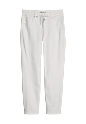 White casual pants with front pockets, belt loops, button, zipper, and drawstring waist by Marc O’Polo.
