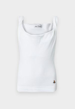 Hvit singlet med drapert halslinning, ribbestruktur og brodert logo på nedre høyre side. Laget av mykt, elastisk stoff.