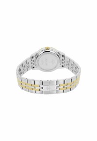 Uhr aus Edelstahl in Silber- und Goldtönen mit einem runden Gehäuse, strukturiertem Rücken und einem Gliederarmband mit abwechselnden Silber- und Goldakzenten.