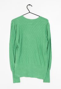 Maglione verde con un motivo a diamante, realizzato in materiale a maglia. Caratterizzato da maniche lunghe e scollatura rotonda. Appeso a un gancio nero.