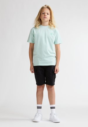 Muntgroen t-shirt met korte mouwen en een klein logo, gecombineerd met zwarte cargoshorts, witte sokken met zwarte strepen en witte sneakers.