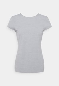 Grå kortärmad t-shirt tillverkad av mjukt, lätt material med rund halsringning och smal passform, som har en len textur.