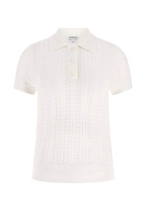 Weiße Strick-Poloshirt mit kurzen Ärmeln, strukturierten Blattmustern und drei Knöpfen an der vorderen Knopfleiste.