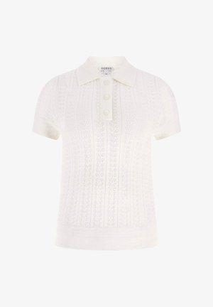 Weiße Strick-Poloshirt mit kurzen Ärmeln, strukturierten Blattmustern und drei Knöpfen an der vorderen Knopfleiste.